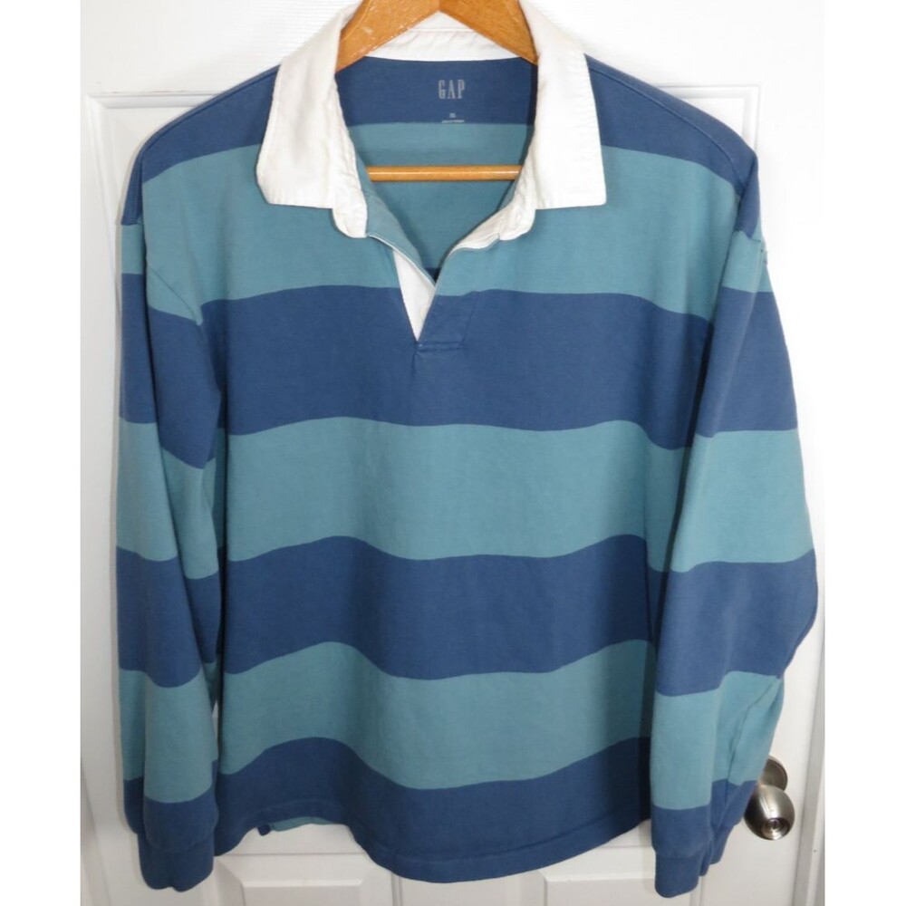 Vintage GAP Rugby Shirt Blue/Green Big Stripes White Collar Y2K Men's XL